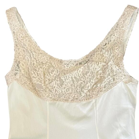 VINTAGE Satin & Lace Slip Dress Beige Size XS Lingerie Lace Bust Lace Trim - Picture 2 of 6